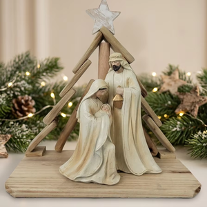 Hand-Painted Holy Family <strong>Nativity</strong> Scene with Timber Stable &amp; Star, Religious Christmas Ornament, Elegant Christian Home Gift - Product Image 1