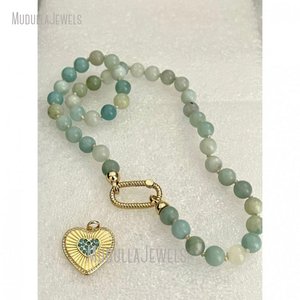 NM45608 <span class=keywords><strong>collana</strong></span> con chiusura a moschettone placcata oro annodata a mano con ciondolo a forma di cuore in <span class=keywords><strong>amazzonite</strong></span> naturale NM45608 - Product Image 3
