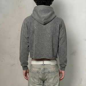 Sudadera con capucha OEM personalizada con pedrería, corte cropped, cierre de cremallera, estilo vintage con lavado ácido y bordes sin rematar, apliques, para hombre y mujer, estilo streetwear, de forro polar, modelo 6737 - Product Image 3