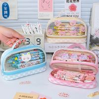 Trousse à crayons transparente double grande capacité à motif de dessin animé pour filles et étudiants