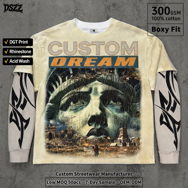 Heavyweight 300gsm Boxy Fit Y2K Cyberpunk Rhinestone Graphic Tee Custom Streetwear Manufacturer Layered Double Sleeve T-shirt