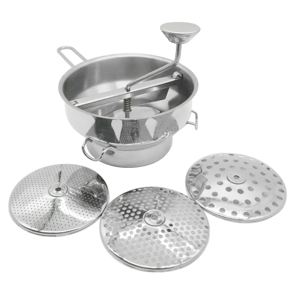 Acessórios de cozinha de aço inoxidável, moinho de alimentos para frutas e vegetais, picador manual com 3 discos