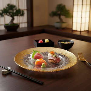 Plato <span class=keywords><strong>de</strong></span> cristal europeo Retro Occidental para el hogar, textura dorada dibujada a mano, plato <span class=keywords><strong>de</strong></span> fruta <span class=keywords><strong>de</strong></span> bistec cortado en frío ecológico para fiestas - Product Image 4