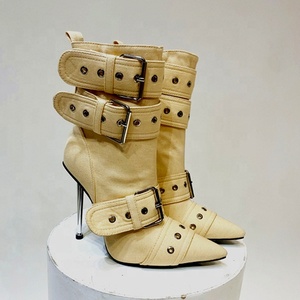 Trending Denim Belt Buckles Stiletto Women High Thin Heels Booties Fancy Retro Short Ankle <b>Boots</b> Punk Styles Shoes - Product Image 6