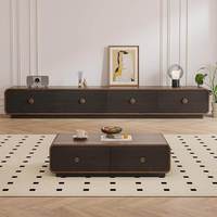 Ensemble console TV et table basse en bois finition noyer rétro avec tiroirs à fermeture douce, coins arrondis et design bicolore pour salon