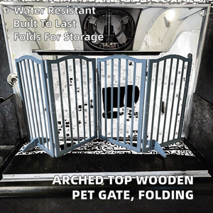 Barrière pour chien en bois moderne rétractable à dessus arqué avec fermeture à <span class=keywords><strong>bouton</strong></span> pour chiens et chats - Séparateur de pièce pliable autoportant - Product Image 2