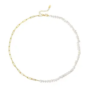Rainbowking trendy S925 sterling silver baroque pearl and paperclip chain asymmetry 14k gold color plated link chokers necklace