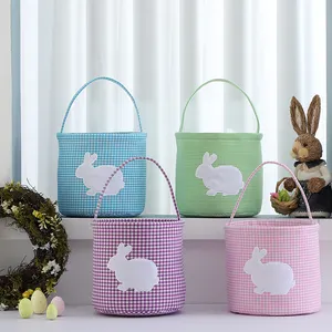 Venta caliente conejito blanco apliques bolsa huevo lindo regalo para niños sublimación Gingham cestas de Pascua