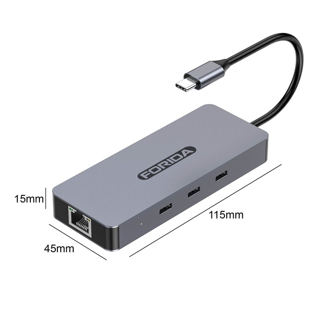 Forida 6 in 1 USB C HUB Support OEM & ODM,with Type-c to 4K 60Hz HDMI & Gigabit Ethernet with Usb-c 100W PD for Type-c Devices