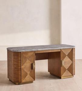 Custom Carved Wood Writing <b>Desk</b>, Natural Marble Top Office <b>Desk</b> with <b>Storage</b> Cabinet, Brass Base Luxury Home Office <b>Desk</b> - Product Image 1