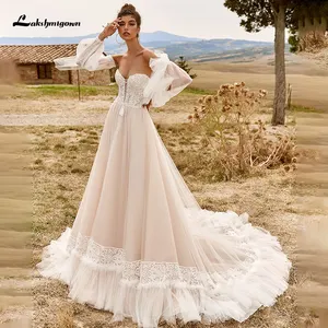 Vintage Bohomian Wedding Dresses 2021 Puffy Sleeve Strapless Best Bridal Gown with Lace Formal Party Gown Split Sleeves vestido