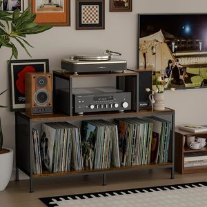 Mobiletto porta giradischi bifacciale con ripiani spaziosi e regolabili, tavolo vintage per giradischi e dischi in vinile - Product Image 2