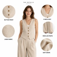 Ensemble tailleur femme en lin beige, gilet col en V et pantalon large, style Old Money, deux pièces