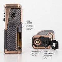 Briquet torche à double flamme pour cigares, rechargeable au butane, coupe-vent avec verrou de sécurité, flamme réglable, corps en fibre de carbone, cuivre