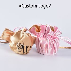 Pochette en satin faite à la main avec cordon de serrage, logo personnalisé, emballage textile rond pour bijoux, pour boucles d'oreilles et colliers, cadeaux - Product Image 3