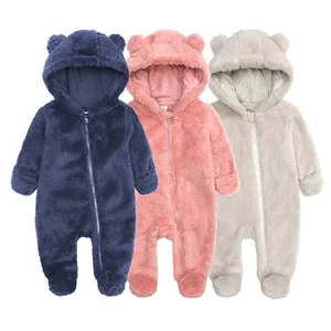 MICHLEY New Style Winter Baby Dress Bear Onesie Girls Thicken Warm Newborn Flannel Outing Clothes Solid Baby Romper with Foot