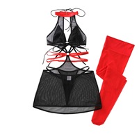 Ensemble de lingerie sexy pour femmes 2026, nouveau modèle, en maille transparente, style robe licou, avec bas rouges et découpes à lanières, vente en gros OEM