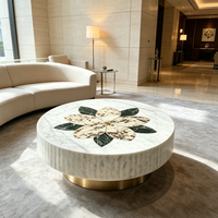 Table basse en marbre blanc de luxe moderne Centurymosaic, table basse artisanale en pierre fleurie, grande table basse pour villa, hôtel, salon