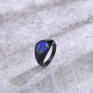 Cincin baja tahan karat desainer uniseks Logo khusus cincin segel mata harimau Lapis Lazuli untuk RC-469 perhiasan mode Pria Wanita