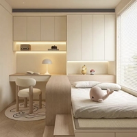 Meubles de chambre à coucher Tatami sur mesure avec lit intégré, bureau et armoire pleine hauteur avec bande lumineuse LED