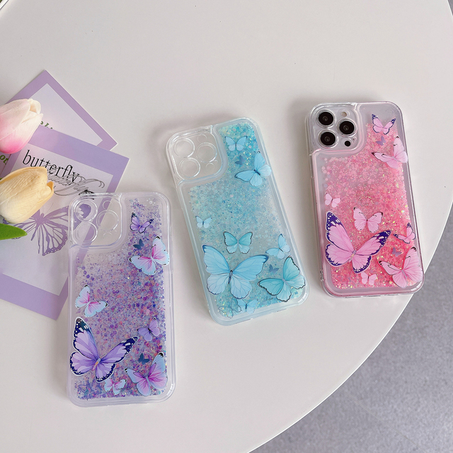 Glow in the Dark Phone Case for iPhone 16 Luminous Glitter Quick Sand Butterfly Phone Case Cover for iPhone 16 15 14 Pro Max