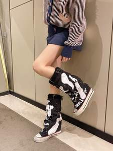 2025 kadın pantolon sokak tarzı ayakkabı Graffiti kemer toka orta buzağı çizmeler tuval geniş varil çizmeler kayma-on yüksek Top Sneakers - Product Image 4