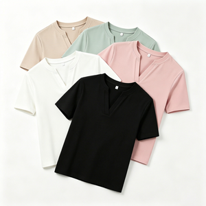Camiseta de Poliéster con Cuello en V para Mujer, Manga Corta, Corte Ajustado, Tejido Informal para Verano - Product Image 1