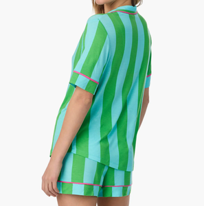 Completo Pigiama Donna Casual Verde a Righe con Colletto Rovesciato, Maniche Corte <span class=keywords><strong>e</strong></span> Pantaloncini, Morbido Abbigliamento da Notte Femminile - Product Image 3