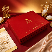 Boîte Cadeau Luxe Rigide Nid d'Oiseau Rouge et Or avec Logo Doré Motif Nuage et Plateau Intérieur en Velours Noir pour Emballage Santé