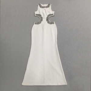 Abito <span class=keywords><strong>da</strong></span> Sera Elegante <span class=keywords><strong>Bianco</strong></span> Senza Maniche con Strass e Taglio in Vita per Donna, Vestito Lungo di Lusso per Matrimoni, Banchetti e Feste - Product Image 5