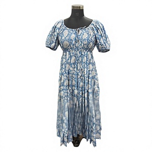 Vestido Maxi Boho de Algodón Tejido con Estampado Floral Azul, Manga Abullonada, Cintura Imperio, Corte A, para Uso Diario, con Cuello Cuadrado, Ajuste Relajado y Tejido Transpirable - Product Image 3