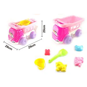 Kids summer outdoor sand beach toys cheap price 7 Pieces plastic beach trucks toy set