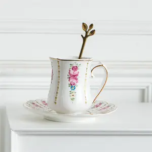 Classical Pink Rose Arabic Luxury 100ml White Porcelain Espresso Cup And Saucer Set Coffee Tea Cups Ceramic Cup For Gift