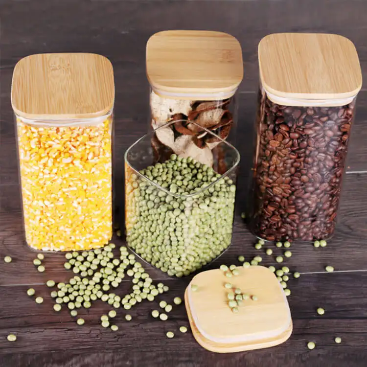 High borosilicate Transparent Glass Food Canisters square glass storage jar with Airtight Bamboo Wood Lids