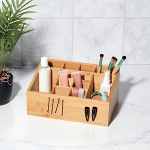 Boîte de rangement de bureau en bambou, rectangulaire, ouverte en dessus, avec compartiments pour cosmétiques et télécommandes - Product Image 1