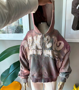 Sweat à capuche personnalisé avec strass effet vieilli pour homme, style grunge glamour, en coton épais, zippé, effet délavé vintage, brodé, streetwear - Product Image 3