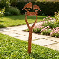 Ornement de jardin en métal rouillé, Robin et Moineau rustiques sur une pelle, pour la décoration de pelouse, patio et jardin extérieur