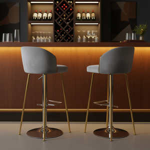 Ensemble de 2 tabourets de bar en velours gris, base chromée, hauteur réglable, design moderne, mobilier commercial - Product Image 2