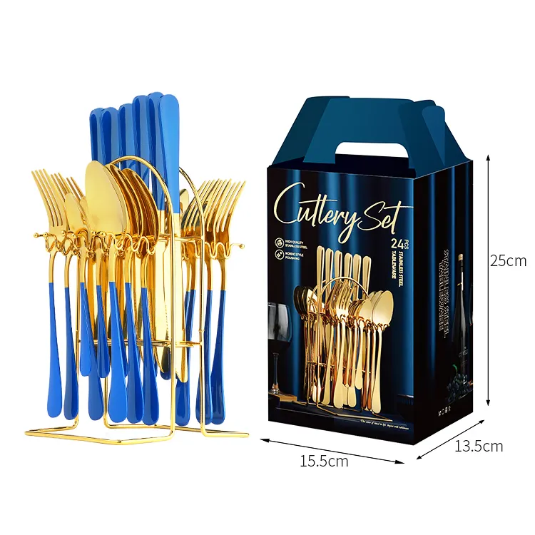 Sản phẩm mới Brand New đóng gói kim loại thép không gỉ màu vàng 24 Piece Flatware Set