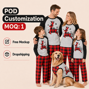 Ensemble de pyjamas assortis pour la famille en flanelle à carreaux gris <span class=keywords><strong>renne</strong></span> de Noël personnalisé, vêtements de nuit en polyester pour hommes, femmes et enfants, livraison directe POD MOQ 1PC - Product Image 1