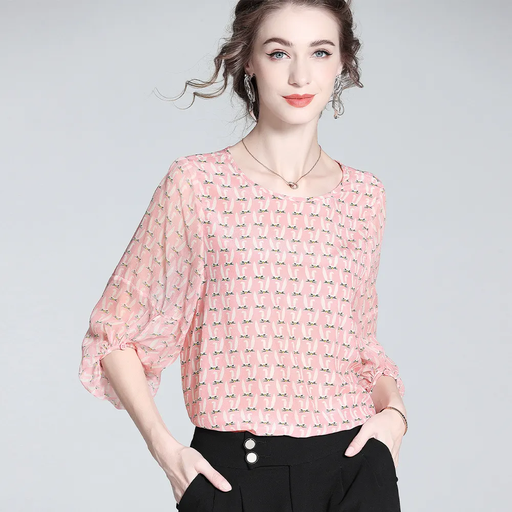 100% mulberry silk shirt women printed blouses sense of advanced women blouses elegant tops High-end fashion blouse shirts