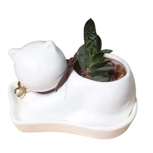 White Small Animal Cub Cat Succulent Plant Decoration Ceramic Porcelain Flower Pots With Tray Bell On The Neck