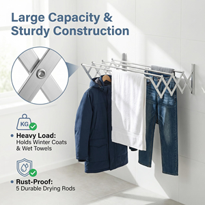 ราวตากผ้าติดผนังแบบพับได้ ทำจากโลหะอเนกประสงค์ พร้อมดีไซน์พับเก็บได้ - Product Image 5