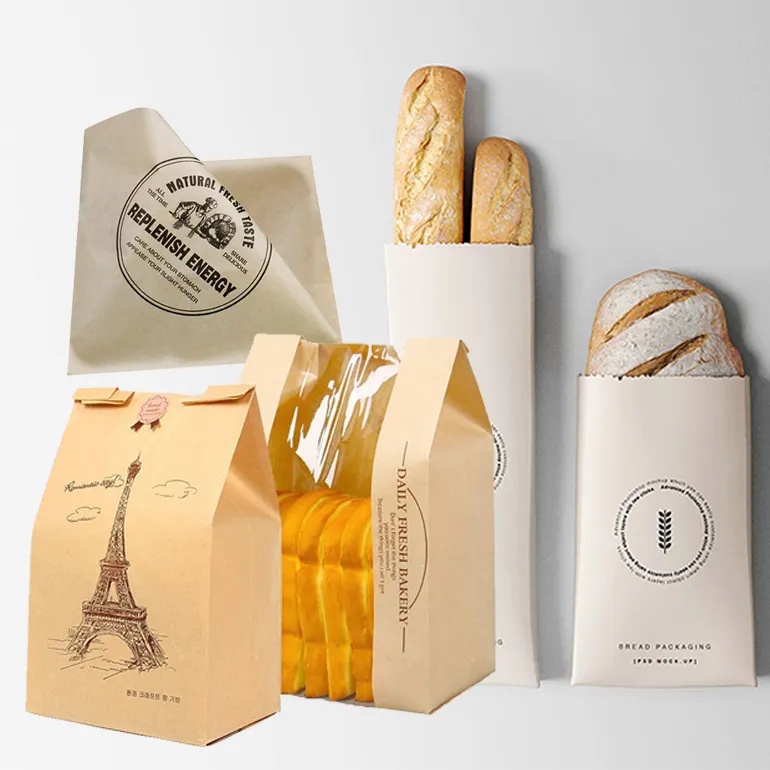 Sacchetto di pane di carta per baguette francese con ciambella a prova di olio di grasso di cera personalizzato stampato personalizzato