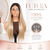 Perruque complète Senmu Beauty en fibre Futura brun clair, entièrement nouée à la main, pré-épilée, lisse et soyeuse, sans colle, avec une ligne de cheveux naturelle