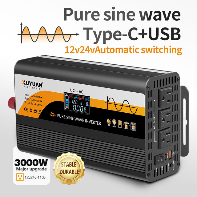 XUYUAN 3000W Solar Power Inverter 800W Pure Sine Wave 12V/24V DC to 110V AC, Adjustable 50Hz/60Hz, for Home for Off-Grid System