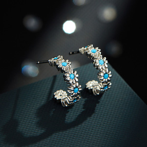 Daisy Flower Hoop Earrings Blue Turquoise S925 <b>Silver</b> <b>Studs</b> Summer Style Fashion Jewelry - Product Image 1