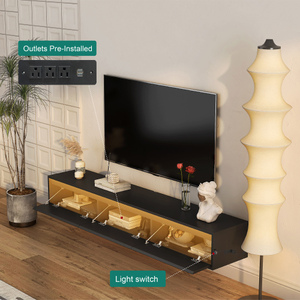 Meuble TV flottant sur pied avec éclairage LED, prise de courant, bois noir brillant, rangement réglable pour téléviseurs jusqu'à 65 pouces, idéal pour salon - Product Image 4