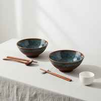 Ensemble de bols en céramique de 8 pouces avec baguettes et cuillères pour ramen, pho, soba, soupe miso - Design zen asiatique vert paon pour offrir en cadeau