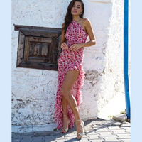 Robe Midi Femme Imprimé Floral, Style Bodycon, Épaules Dénudées, Volants, Fente, Bandage, Tendance Vacances